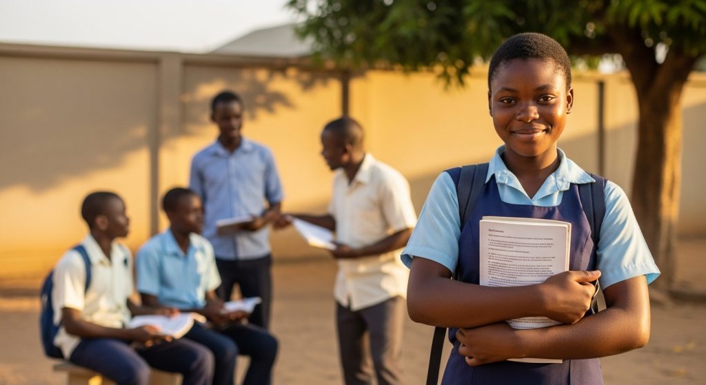 Shina Luwoye Foundation Awards ₦11.2 Million in Scholarships to 39 Students A School girl in her school uniform holding a book in her hands. Background shows other people having a lecture.
